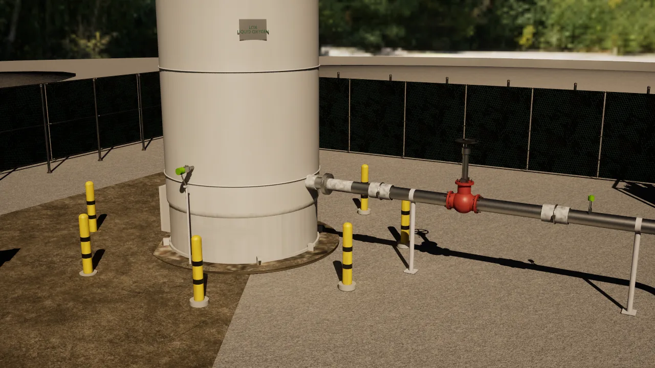 The same synthetic yard rendered by the Shipping package before the simulated seam leak activates: the transfer-line flange is clear and there is no vapour.