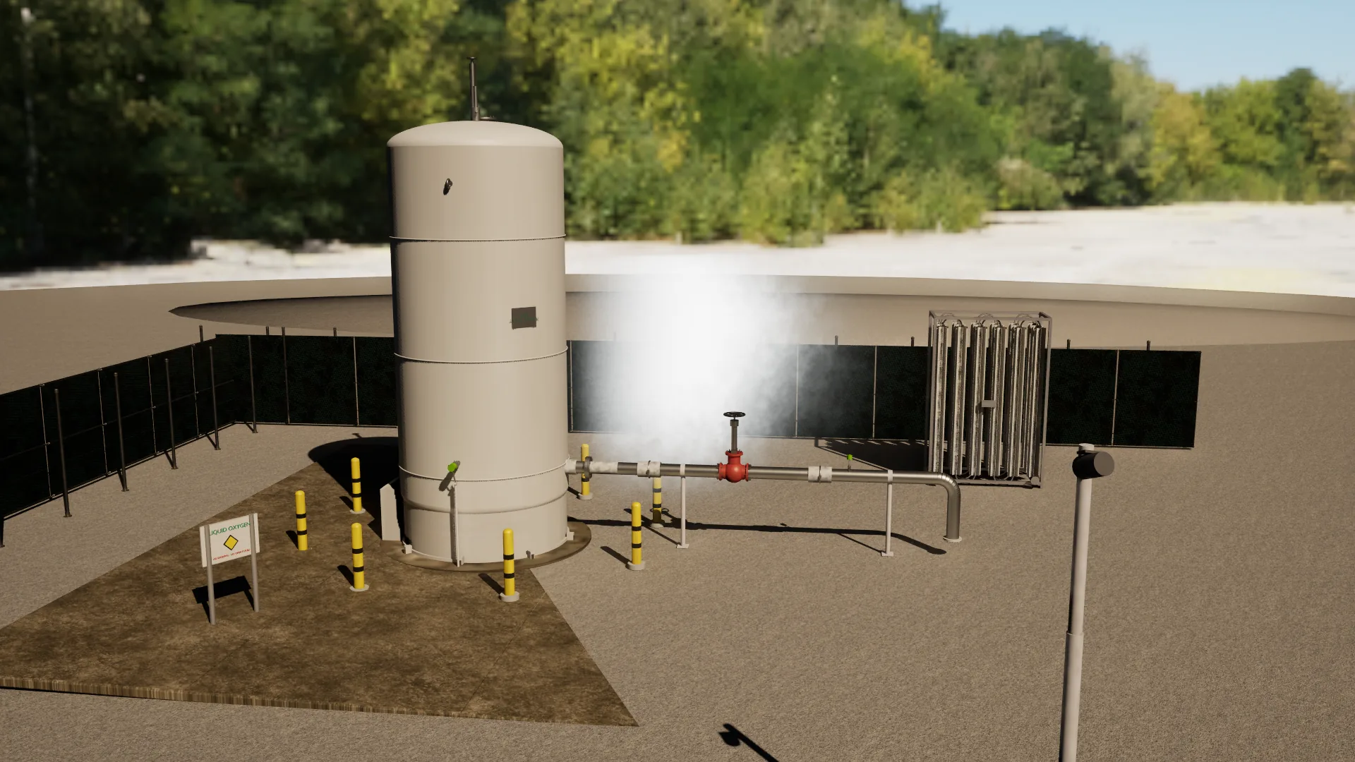 Wide view of the whole synthetic liquid-oxygen yard from a raised inspection camera: the tank, transfer line, vaporizer bank, bollards, signage and fence, with the vapour cloud from the seam leak spreading across the pad.