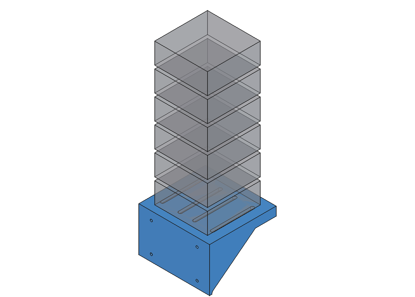 FreeCAD render of six translucent Mac mini envelopes stacked above the shelf body.