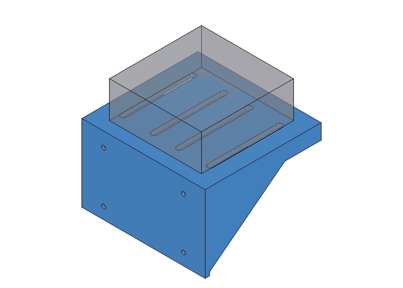 FreeCAD isometric render of the wall shelf with a translucent Mac mini envelope showing side, rear, and ventilation clearance.